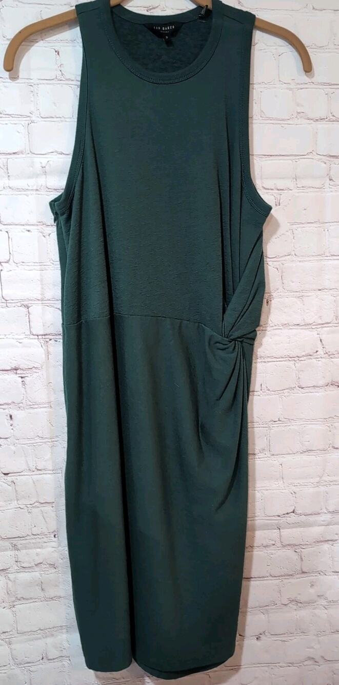 Ted Baker Sz 3 Livviaa Knot Front Jersey Dress Dark Teal Green Cotton